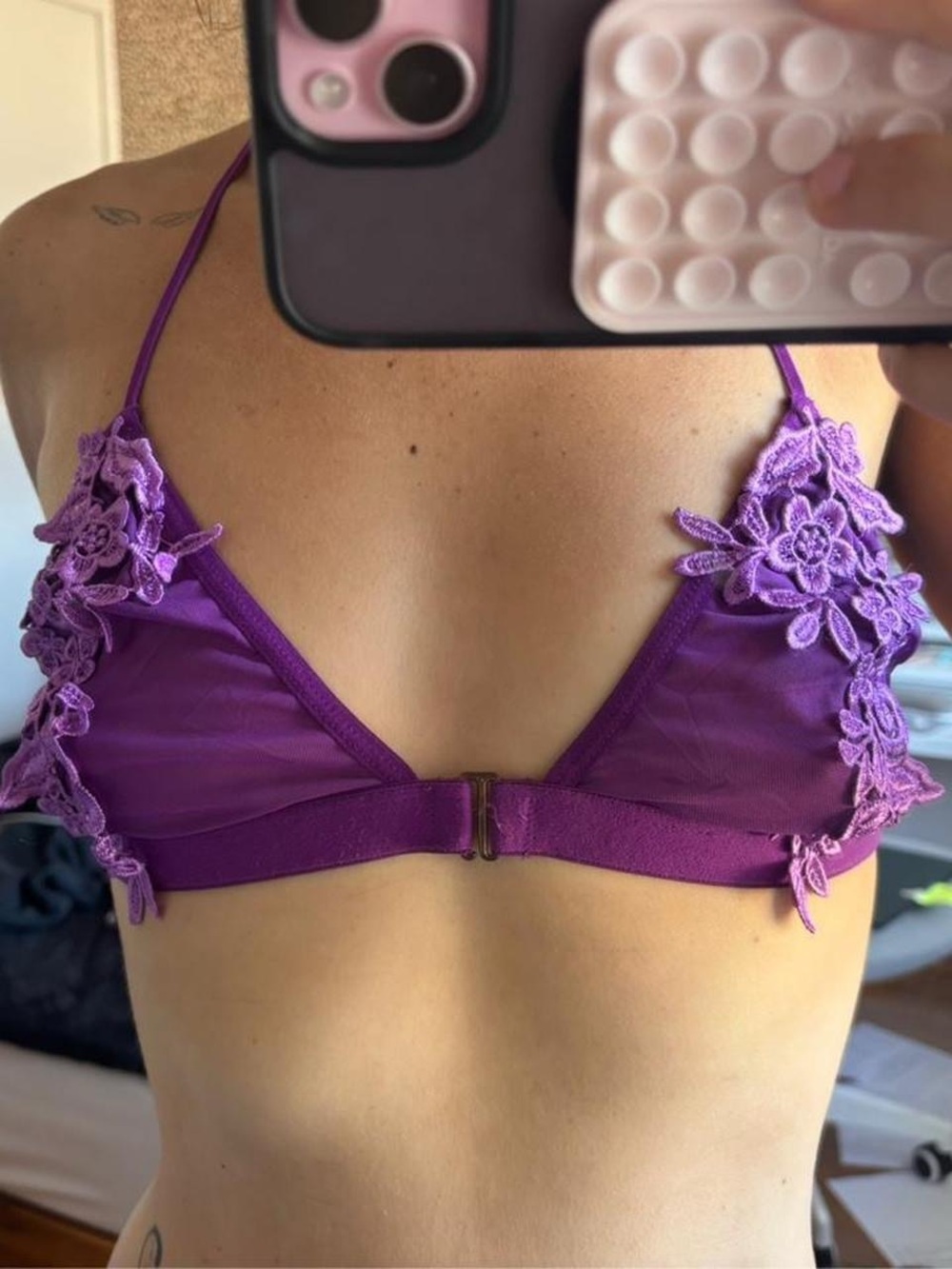 Lace Appliqué Triangle Bralette in Purple